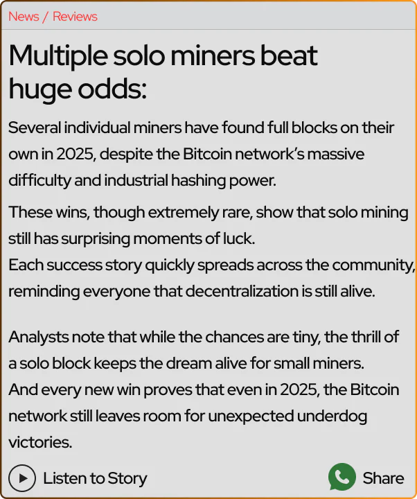 Multiple solo miners beat huge odds